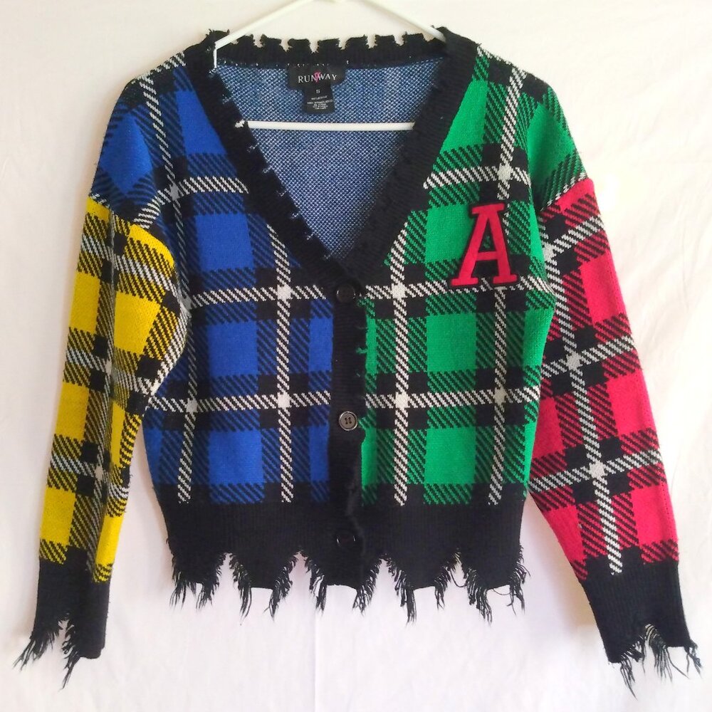 Runway 7 Factory Distressed Colorblock Plaid Knit Cardigan S Grunge Varsity Y2K - Picture 2 of 8